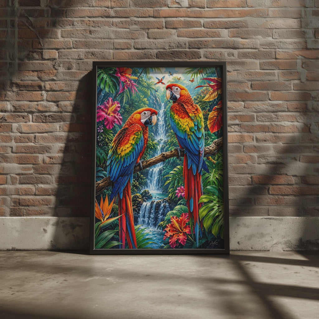 Scarlet Macaw Parrots Rainforest Waterfall Print, Tropical Wildlife Wall Art