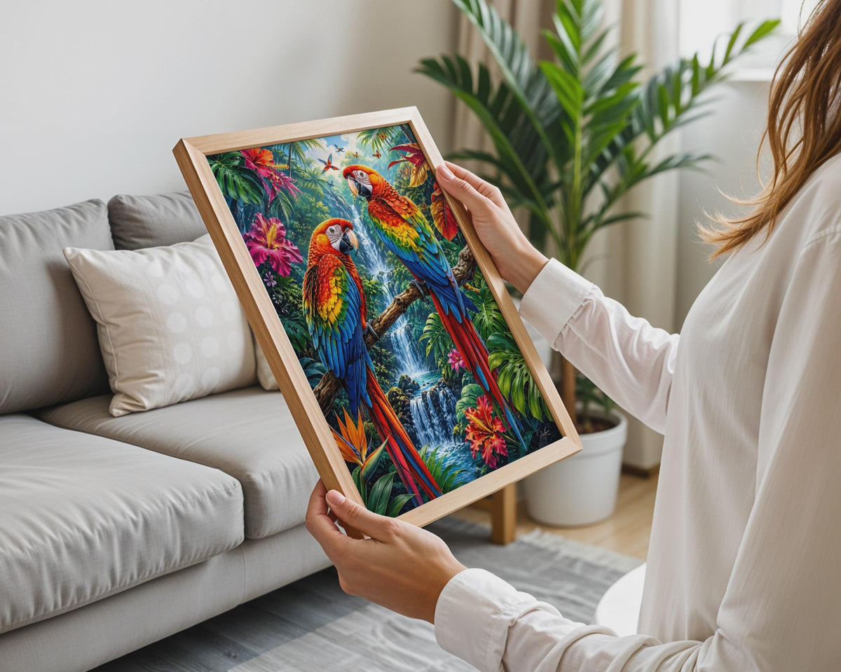 Scarlet Macaw Parrots Rainforest Waterfall Print, Tropical Wildlife Wall Art