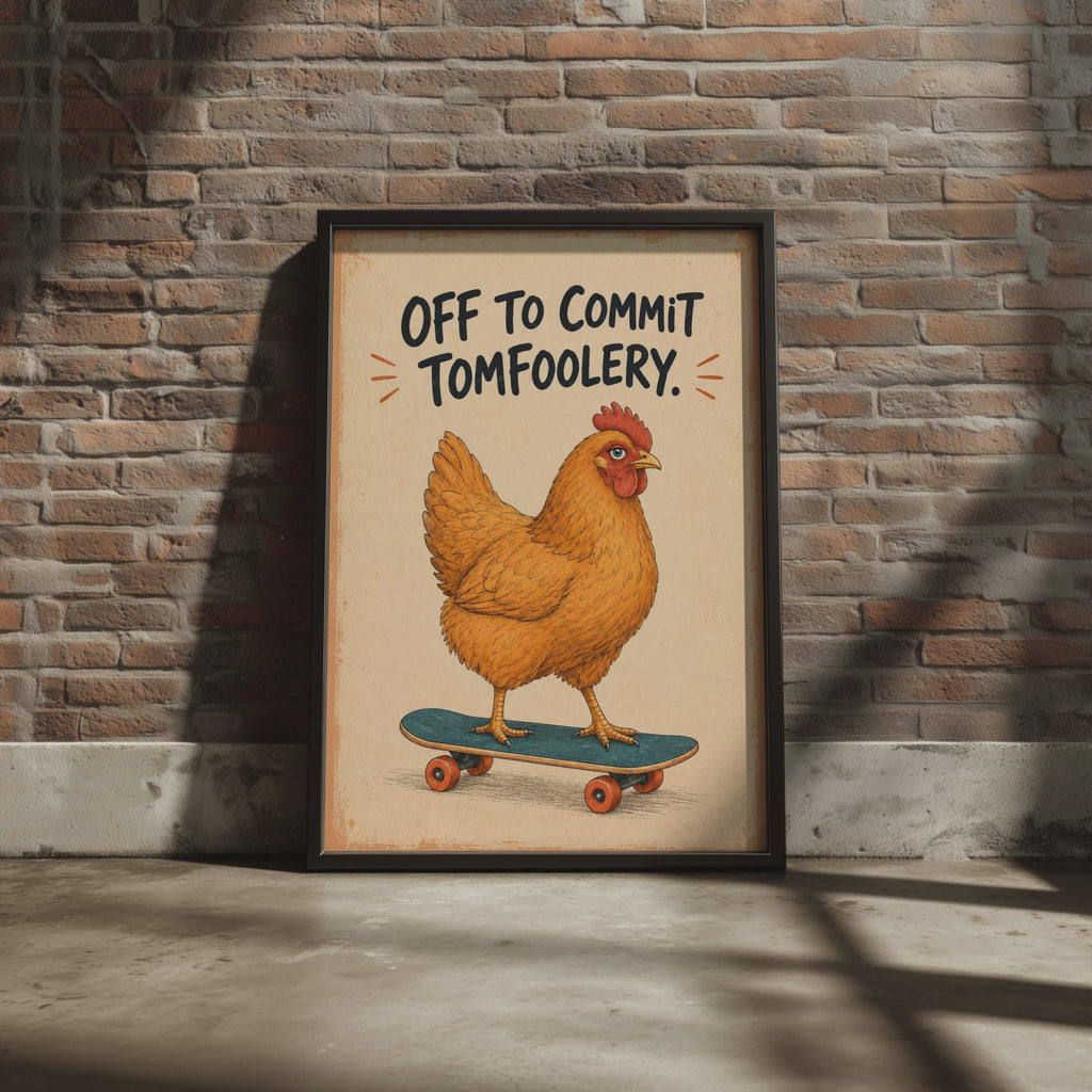 Funny Chicken Skateboard Print, Vintage Comic Style Wall Art