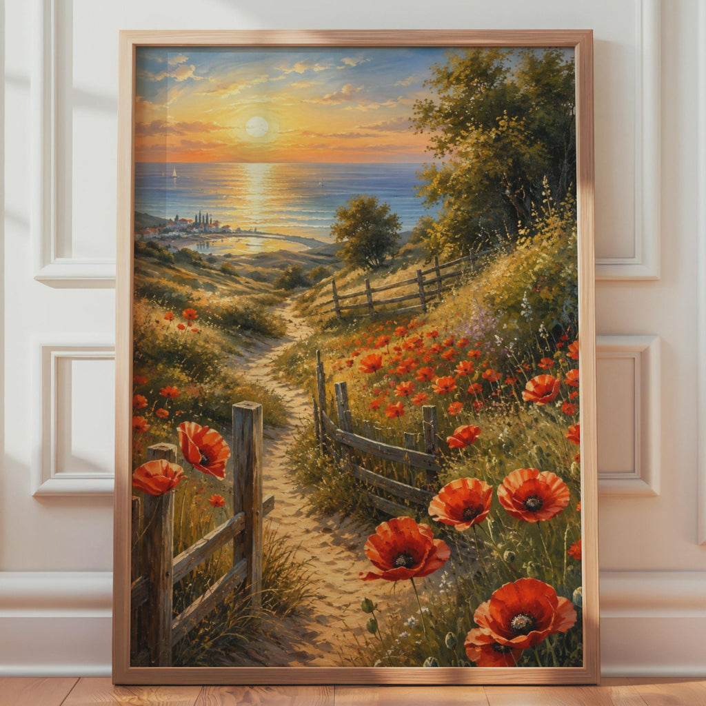 Red Poppy Coastal Path Print, Mediterranean Sunset Seascape Artwork