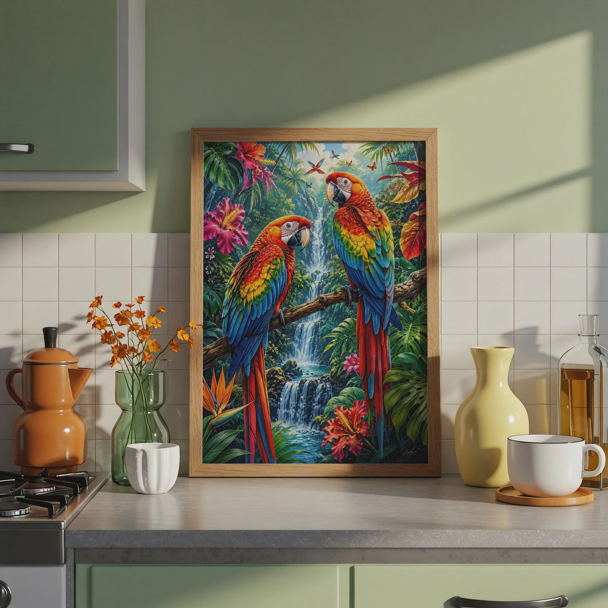 Scarlet Macaw Parrots Rainforest Waterfall Print, Tropical Wildlife Wall Art