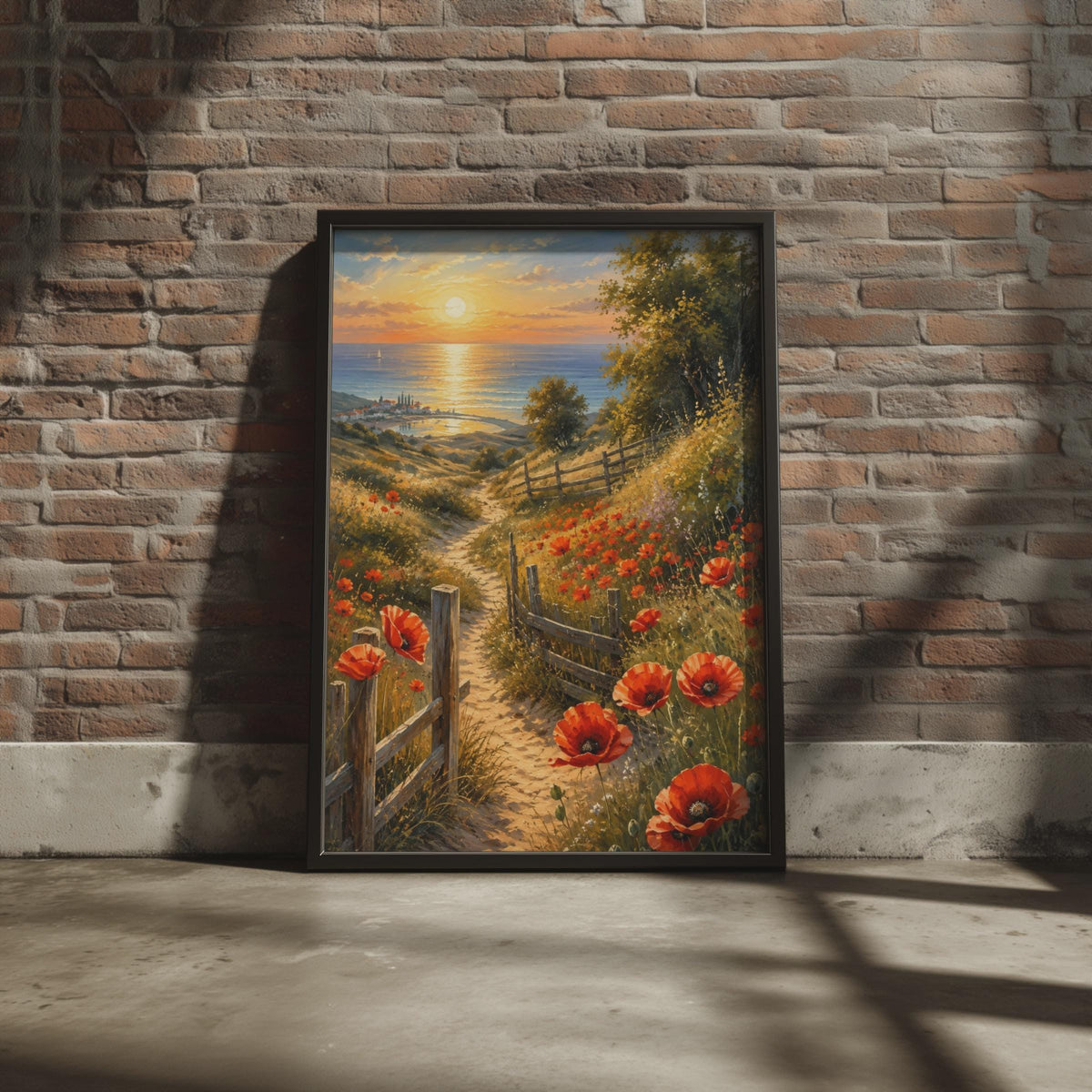 Red Poppy Coastal Path Print, Mediterranean Sunset Seascape Artwork