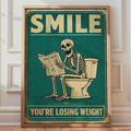 Skeleton Toilet Humor Print, Vintage Teal Retro Bathroom Wall Art