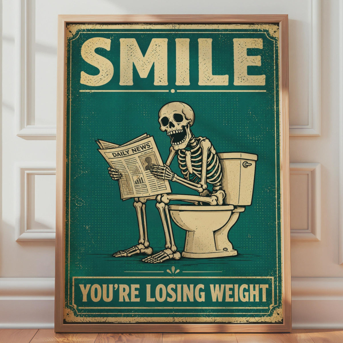 Skeleton Toilet Humor Print, Vintage Teal Retro Bathroom Wall Art