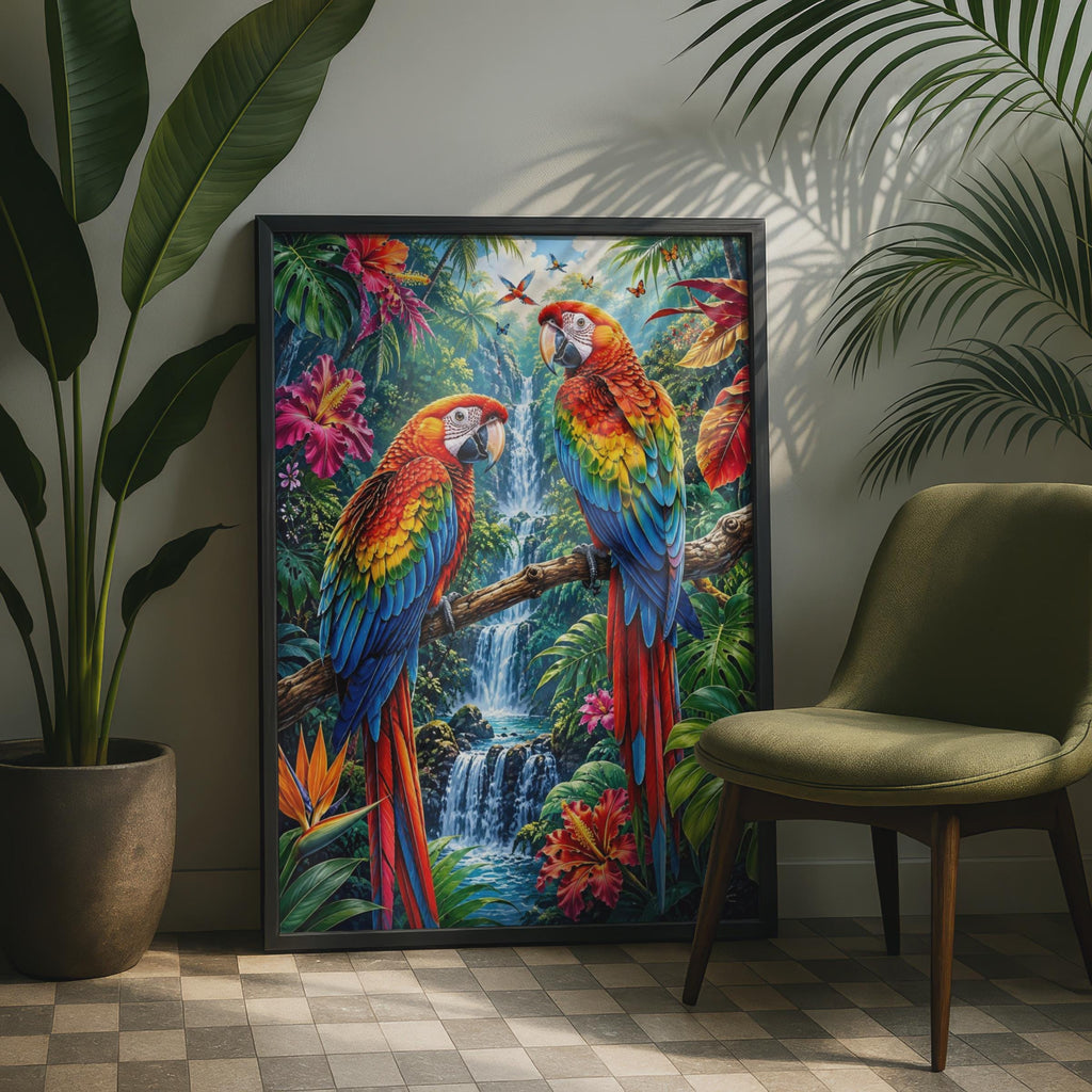 Scarlet Macaw Parrots Rainforest Waterfall Print, Tropical Wildlife Wall Art