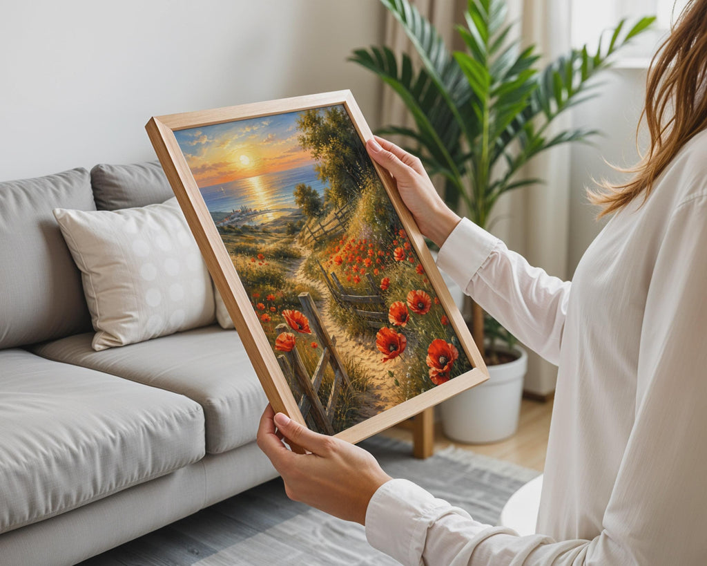 Red Poppy Coastal Path Print, Mediterranean Sunset Seascape Artwork
