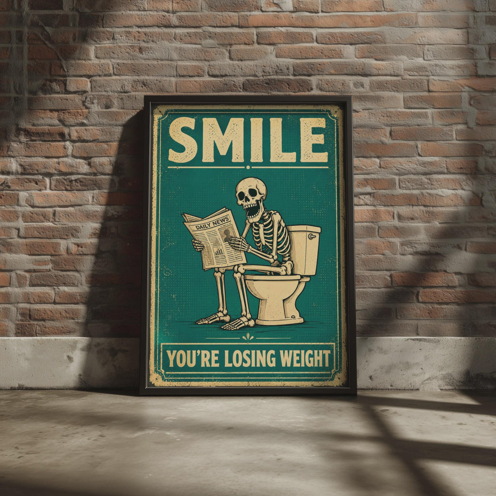 Skeleton Toilet Humor Print, Vintage Teal Retro Bathroom Wall Art