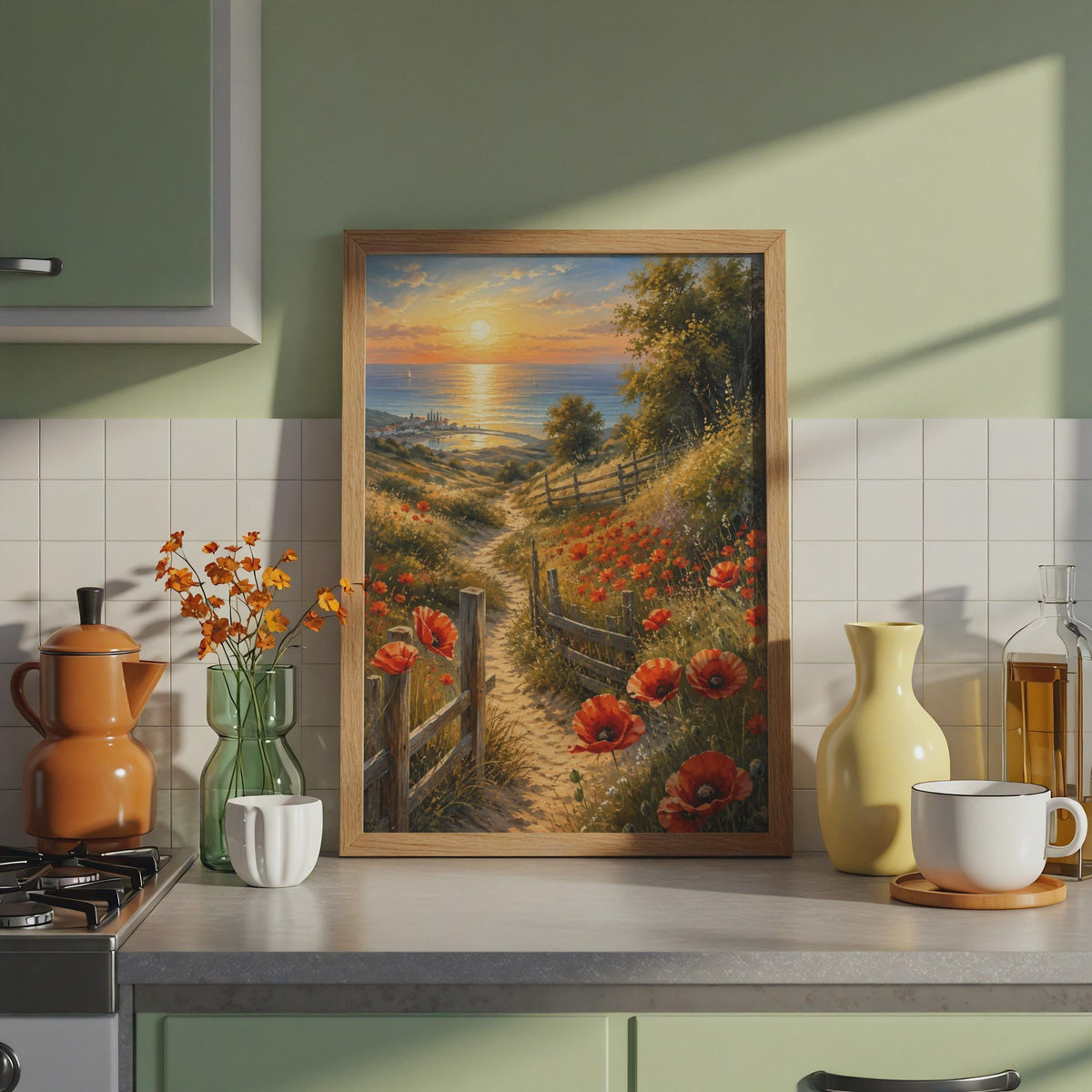 Red Poppy Coastal Path Print, Mediterranean Sunset Seascape Artwork