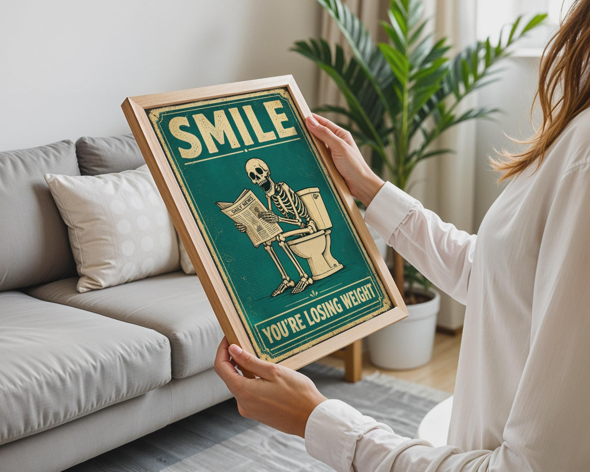 Skeleton Toilet Humor Print, Vintage Teal Retro Bathroom Wall Art