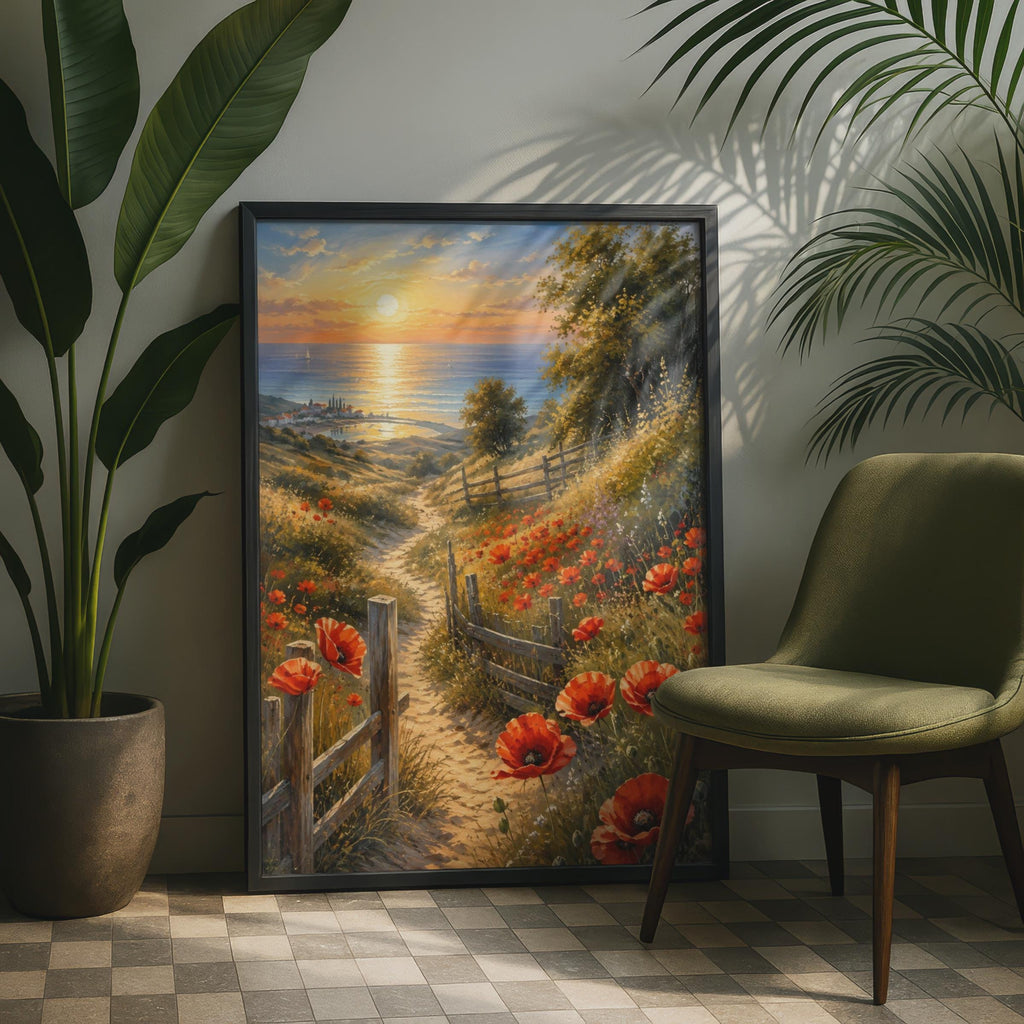 Red Poppy Coastal Path Print, Mediterranean Sunset Seascape Artwork