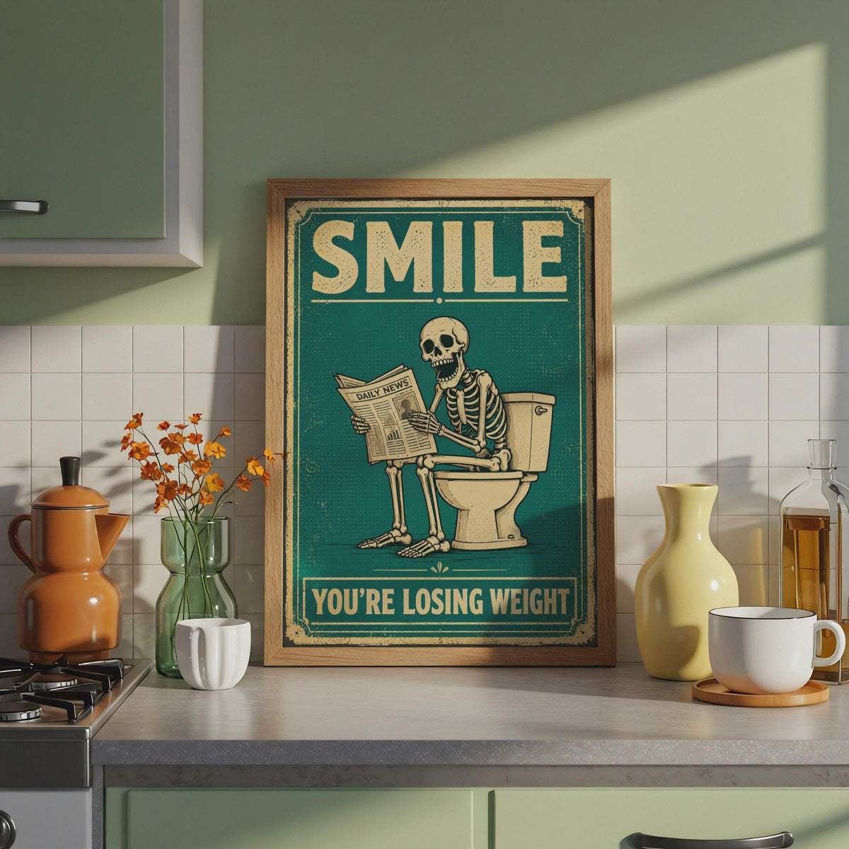 Skeleton Toilet Humor Print, Vintage Teal Retro Bathroom Wall Art