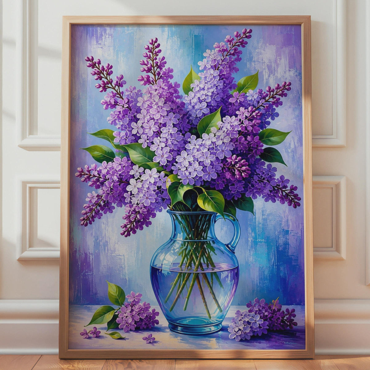 Purple Lilac Flower Vase Poster, Oil Painting Style Floral Still Life (Print)