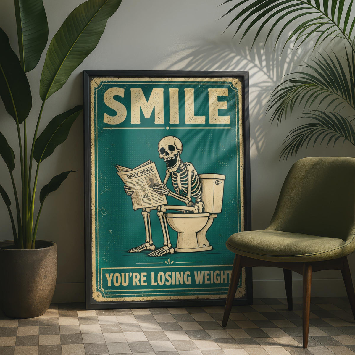 Skeleton Toilet Humor Print, Vintage Teal Retro Bathroom Wall Art