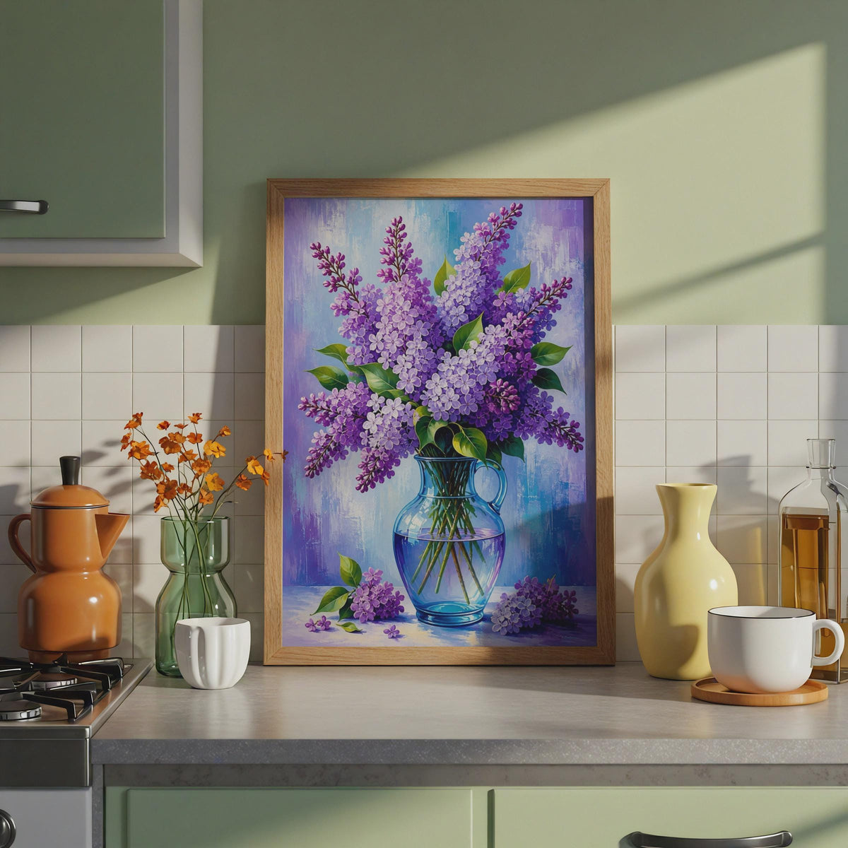 Purple Lilac Flower Vase Poster, Oil Painting Style Floral Still Life (Print)