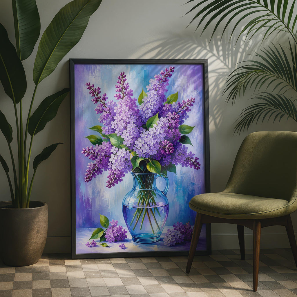 Purple Lilac Flower Vase Poster, Oil Painting Style Floral Still Life (Print)