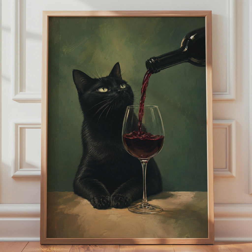 Black Cat Red Wine Poster, Moody Oil Painting Style, Kitchen Bar Decor