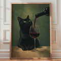 Black Cat Red Wine Poster, Moody Oil Painting Style, Kitchen Bar Decor