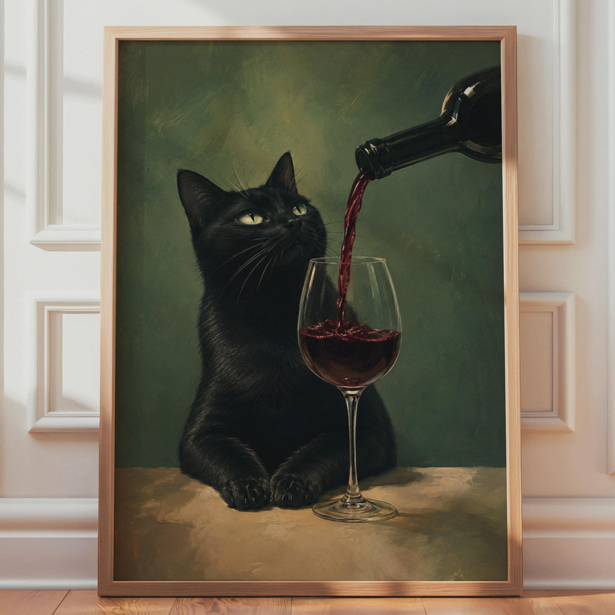 Black Cat Red Wine Poster, Moody Oil Painting Style, Kitchen Bar Decor