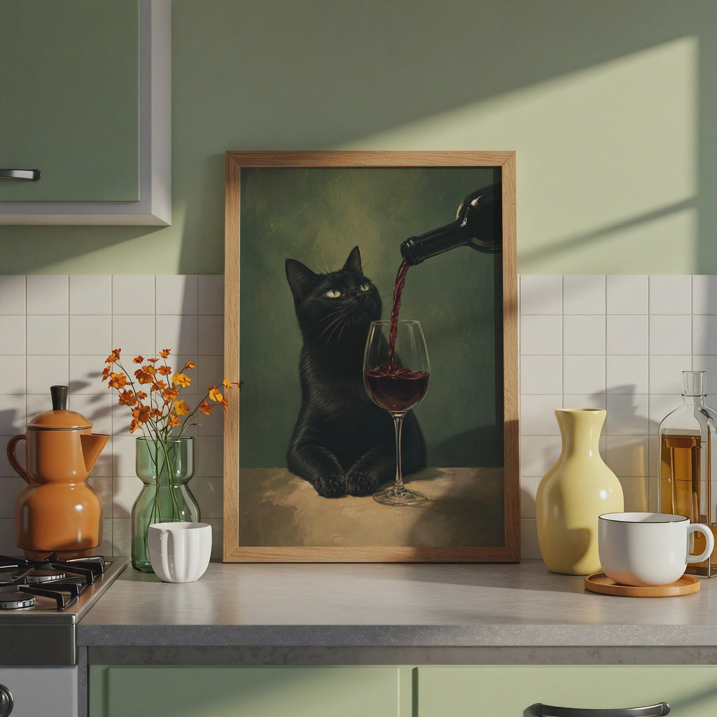 Black Cat Red Wine Poster, Moody Oil Painting Style, Kitchen Bar Decor