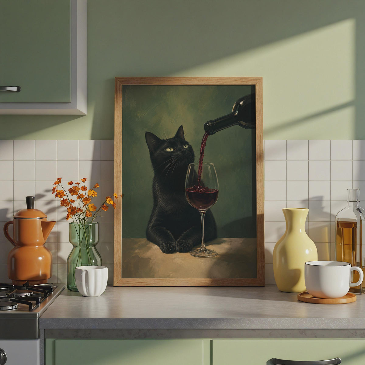 Black Cat Red Wine Poster, Moody Oil Painting Style, Kitchen Bar Decor
