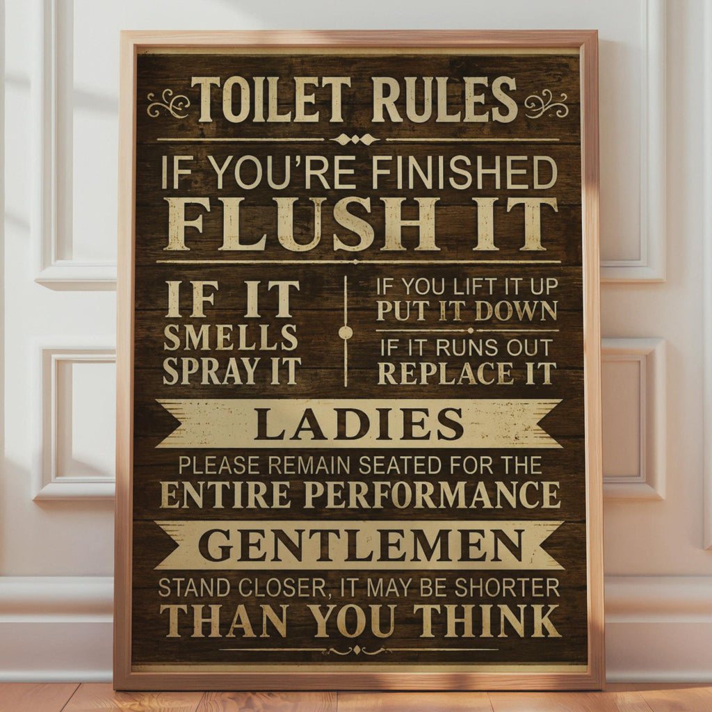Funny Toilet Rules Poster, Rustic Wood Effect Bathroom Art, Vintage Typography (Print)