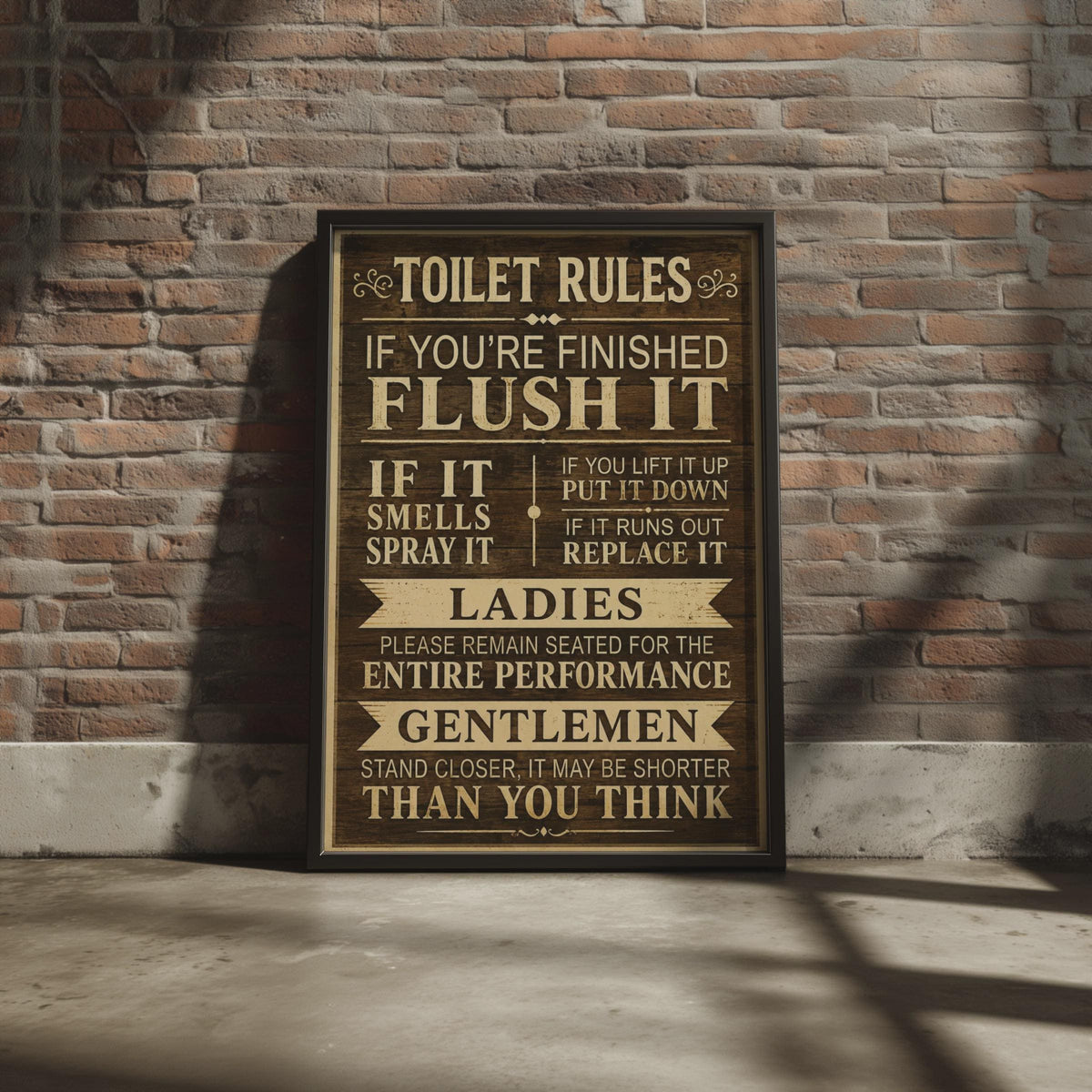 Funny Toilet Rules Poster, Rustic Wood Effect Bathroom Art, Vintage Typography (Print)