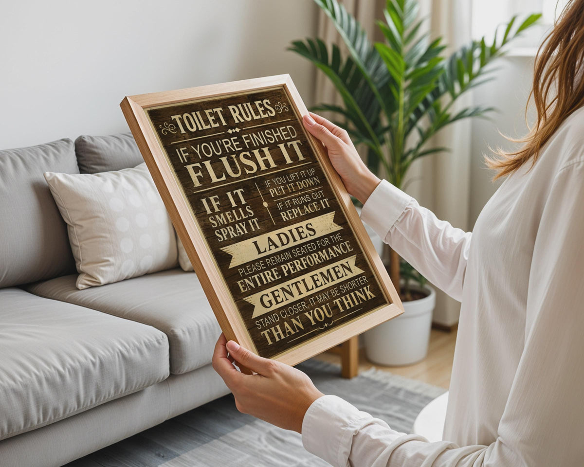 Funny Toilet Rules Poster, Rustic Wood Effect Bathroom Art, Vintage Typography (Print)
