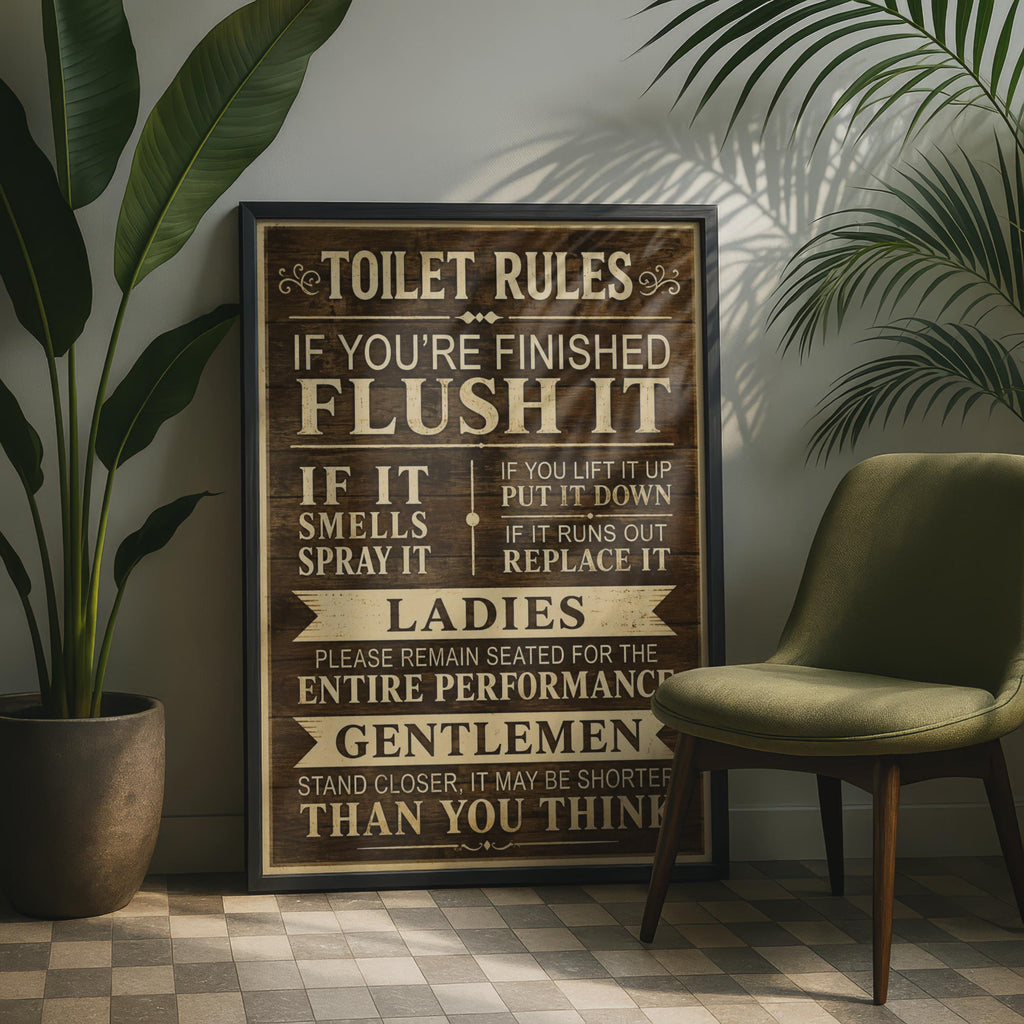 Funny Toilet Rules Poster, Rustic Wood Effect Bathroom Art, Vintage Typography (Print)