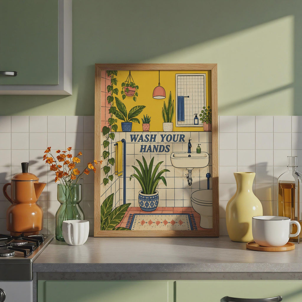Retro Boho Bathroom Poster, Plant-Filled Wash Your Hands Art Print