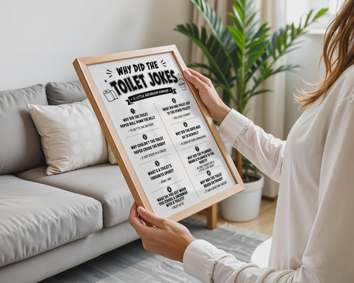 Toilet Jokes Print, Black White Bathroom Humour Wall Art Sign
