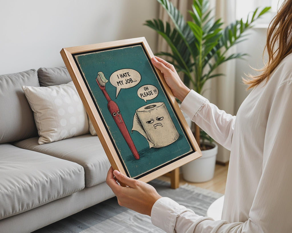 Retro Comic Bathroom Print, Toothbrush Toilet Roll Humor Wall Art