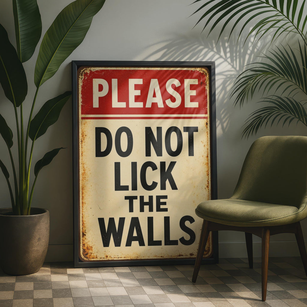 Please Do Not Lick Walls Vintage Sign Poster, Humorous Retro Wall Art
