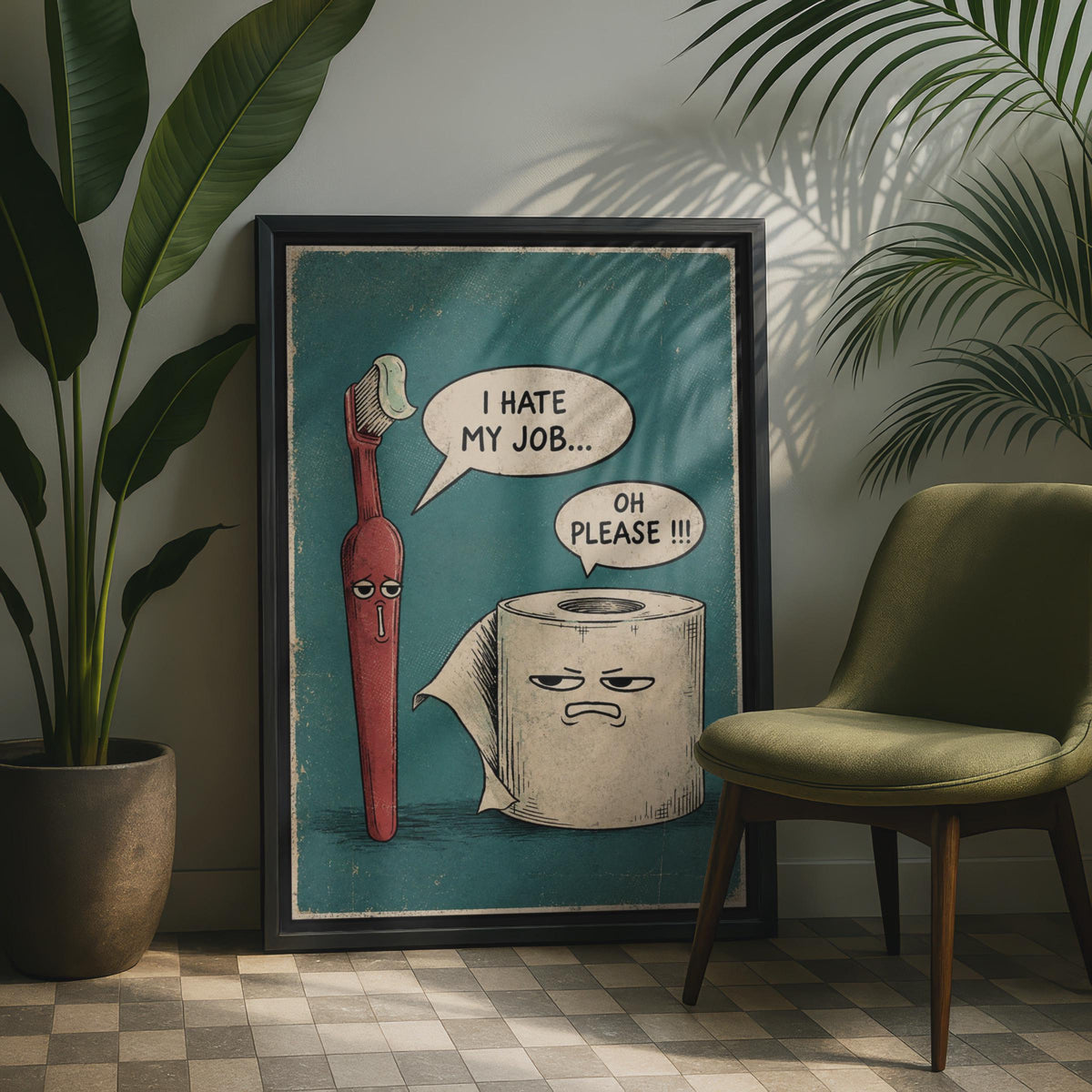 Retro Comic Bathroom Print, Toothbrush Toilet Roll Humor Wall Art