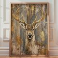 Rustic Stag Print, Gold Antler Wildlife Wall Art, Wooden Plank Effect Poster