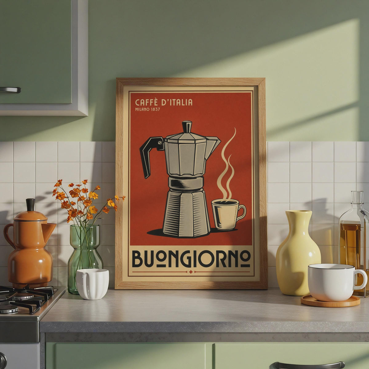 Vintage Italian Moka Pot Coffee Poster, Retro Espresso Wall Art, Buongiorno Print