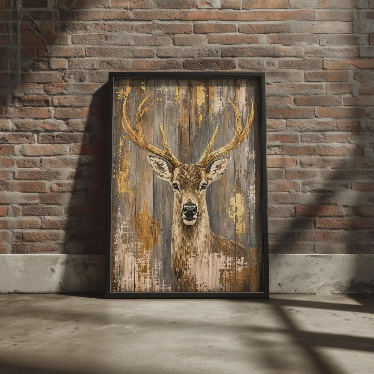 Rustic Stag Print, Gold Antler Wildlife Wall Art, Wooden Plank Effect Poster