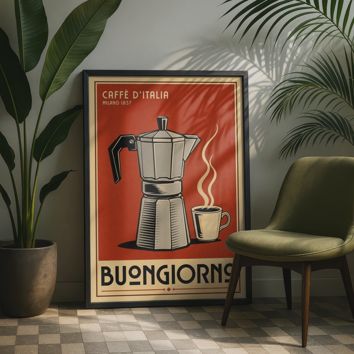 Vintage Italian Moka Pot Coffee Poster, Retro Espresso Wall Art, Buongiorno Print