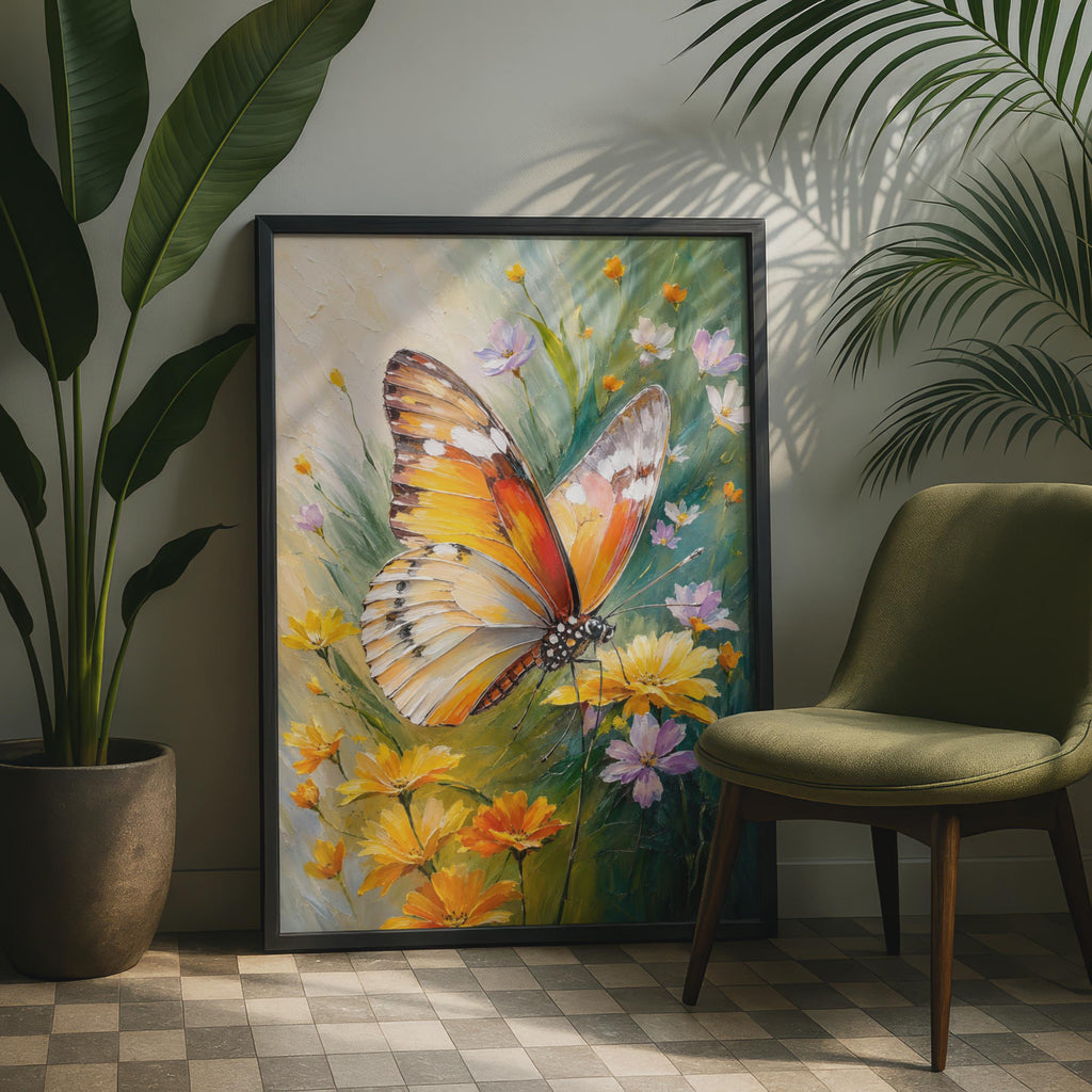 Butterfly Wildflowers Oil Painting Print, Botanical Floral Poster (Physical Print)