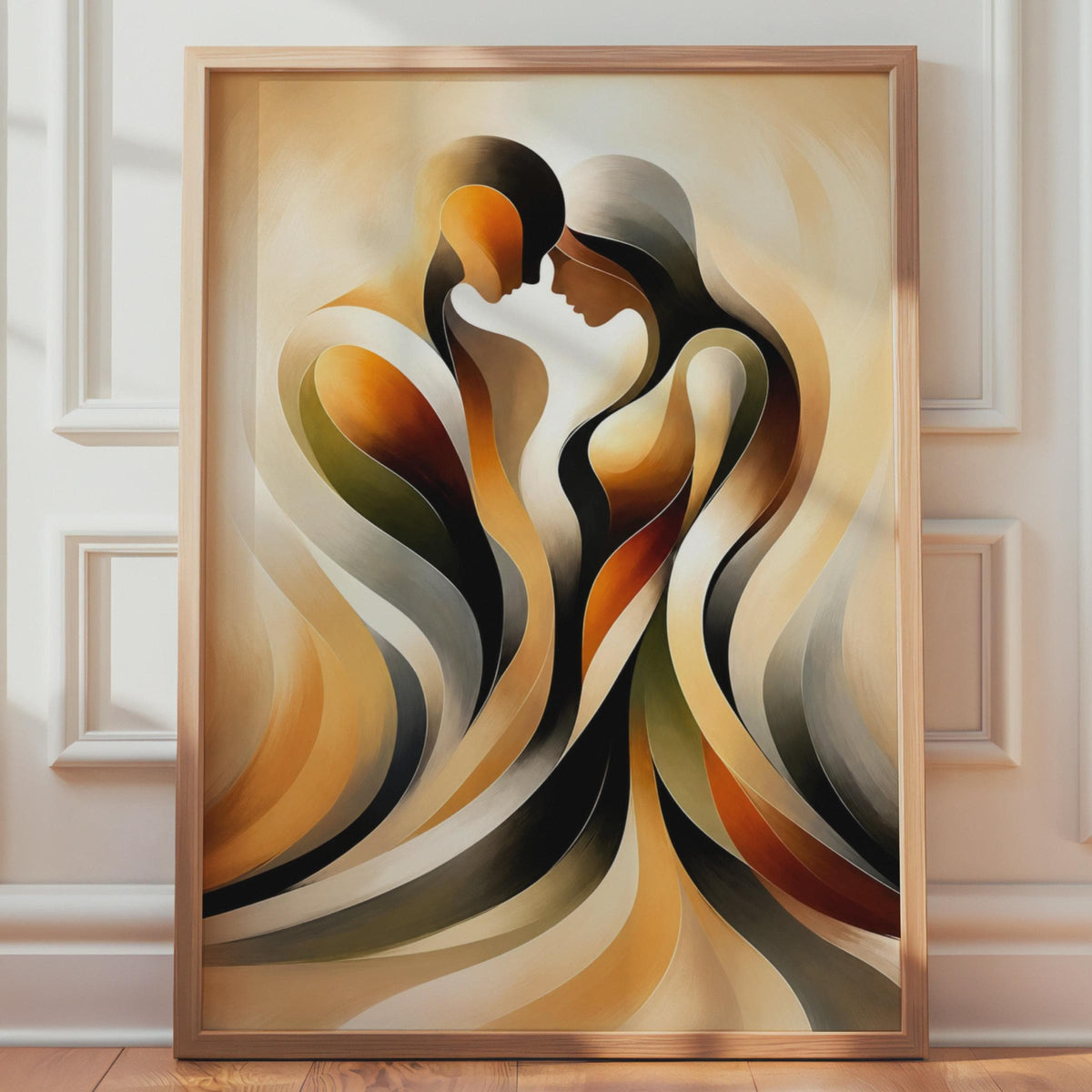 Abstract Couple Embrace Print, Romantic Flowing Figures, Warm Earthy Tones, Modern Decor