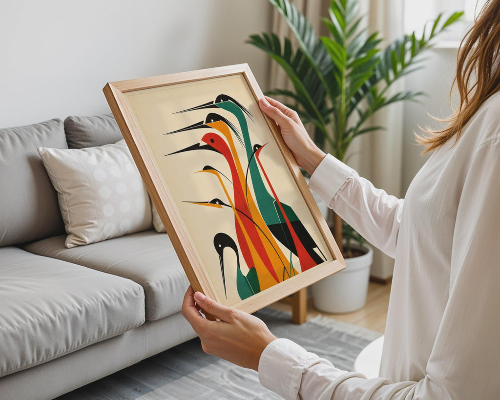 Mid Century Modern Heron Print, Geometric Bird Wall Art, Teal Amber Red  Print