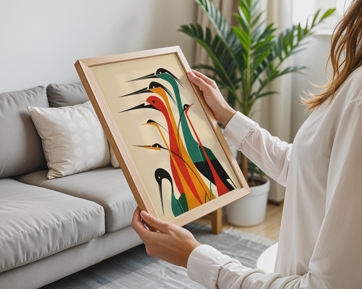 Mid Century Modern Heron Print, Geometric Bird Wall Art, Teal Amber Red  Print