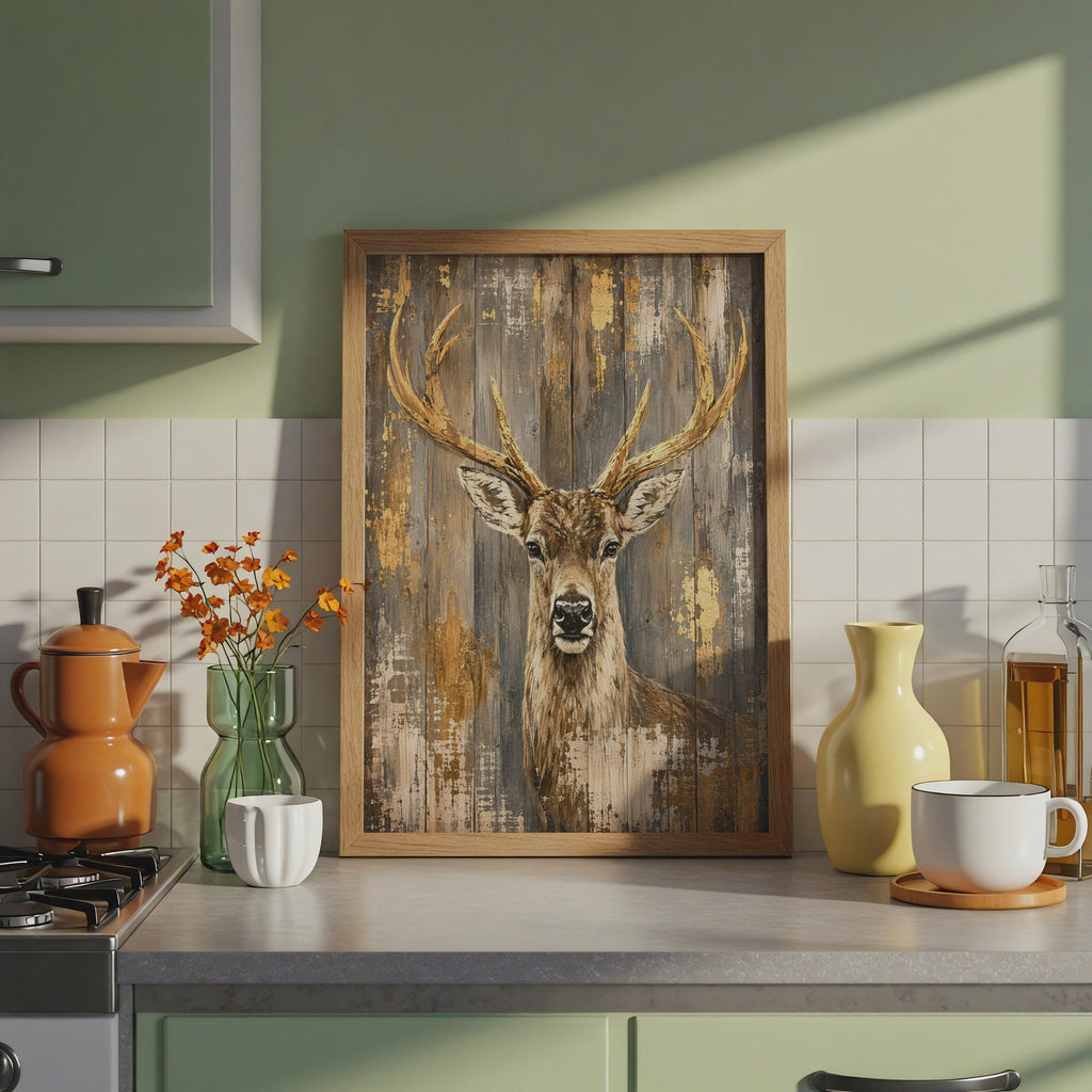 Rustic Stag Print, Gold Antler Wildlife Wall Art, Wooden Plank Effect Poster