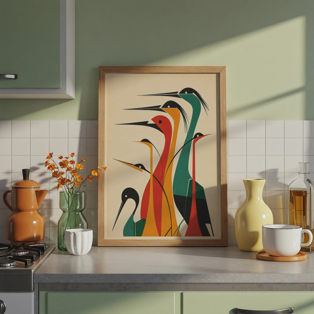 Mid Century Modern Heron Print, Geometric Bird Wall Art, Teal Amber Red  Print