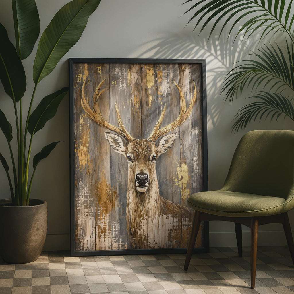 Rustic Stag Print, Gold Antler Wildlife Wall Art, Wooden Plank Effect Poster
