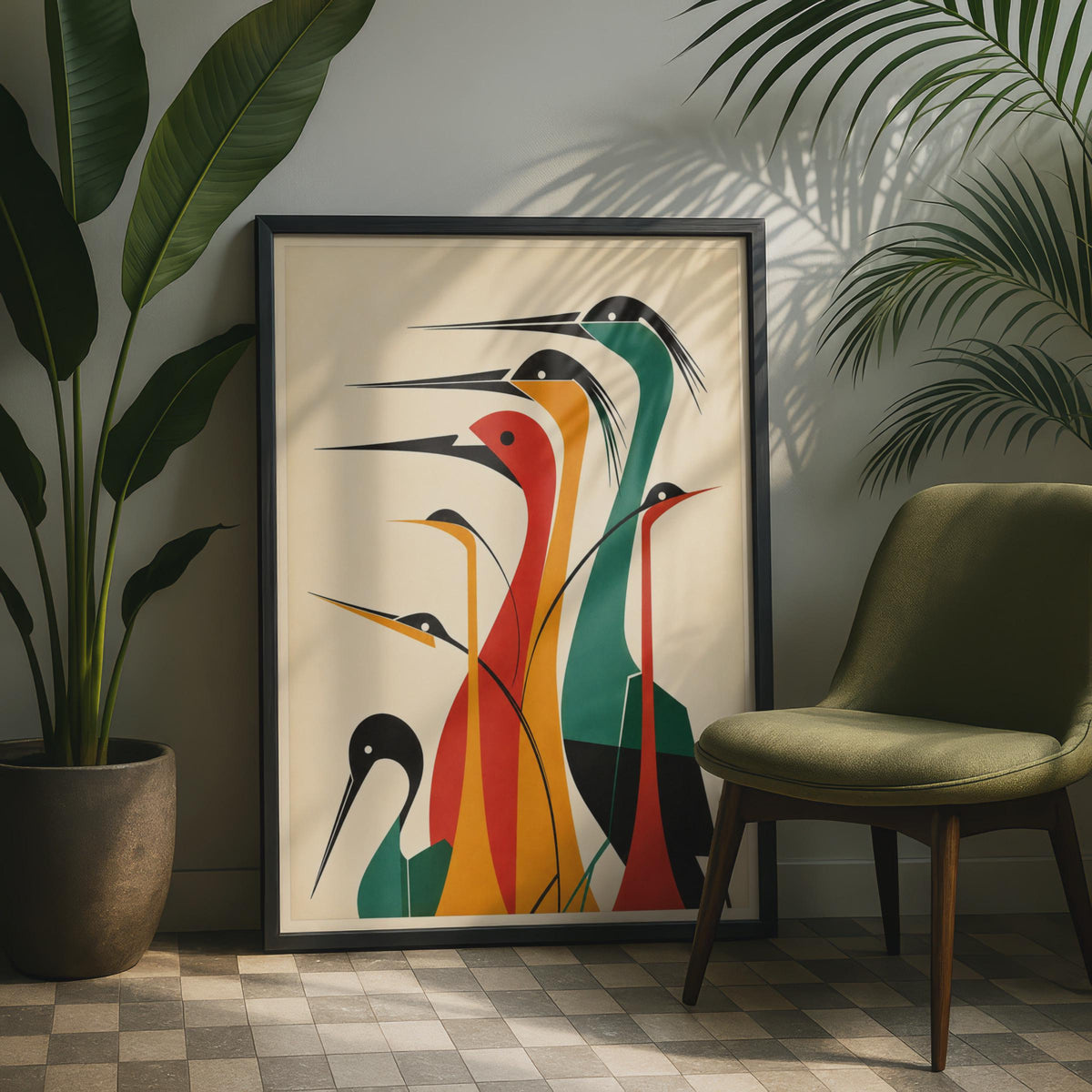 Mid Century Modern Heron Print, Geometric Bird Wall Art, Teal Amber Red  Print