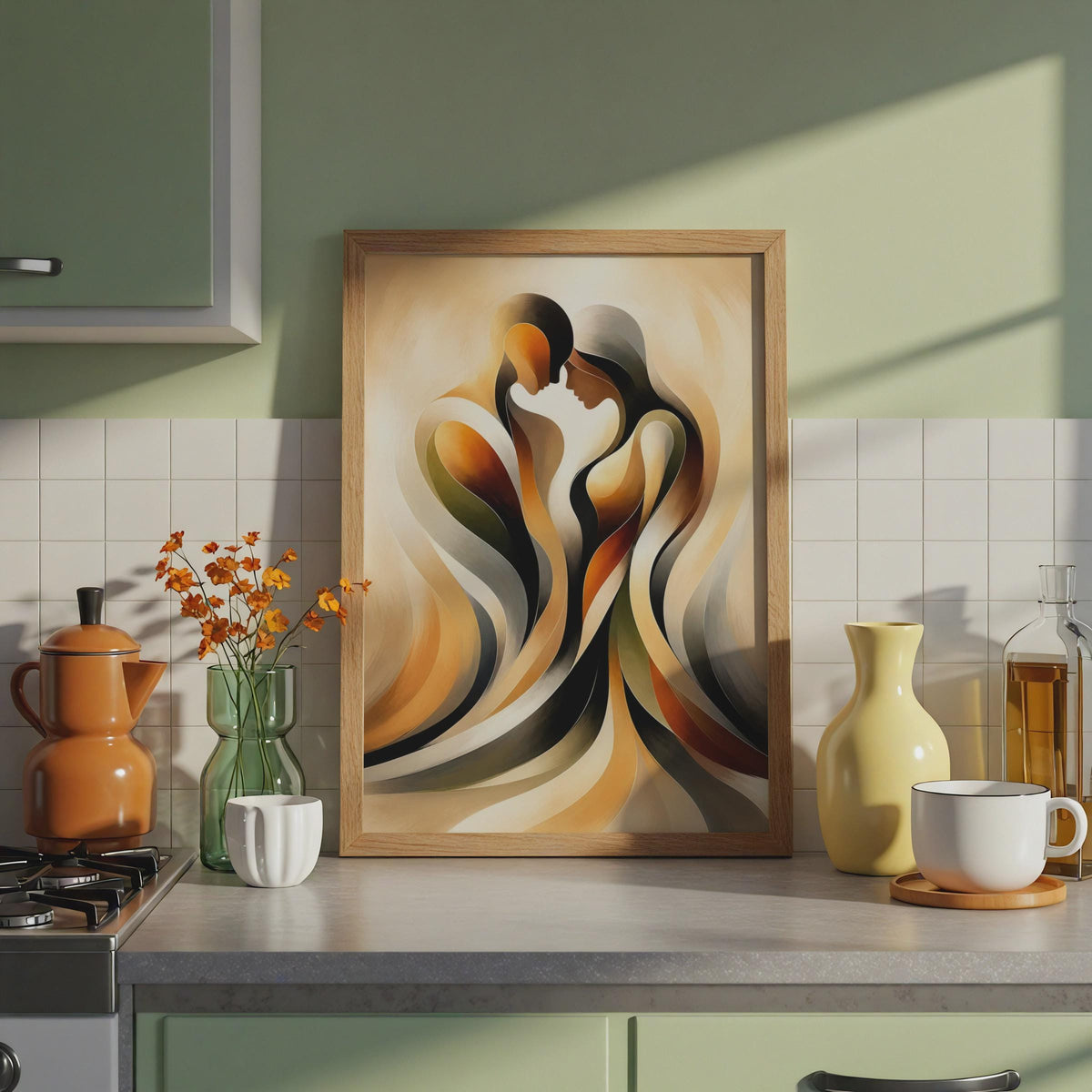 Abstract Couple Embrace Print, Romantic Flowing Figures, Warm Earthy Tones, Modern Decor