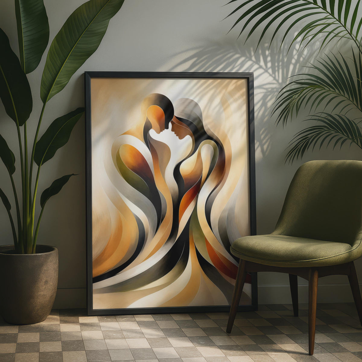 Abstract Couple Embrace Print, Romantic Flowing Figures, Warm Earthy Tones, Modern Decor