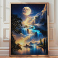 Fantasy Waterfall Landscape Poster, Dreamy Night Sky Wall Art, Mystical River Print