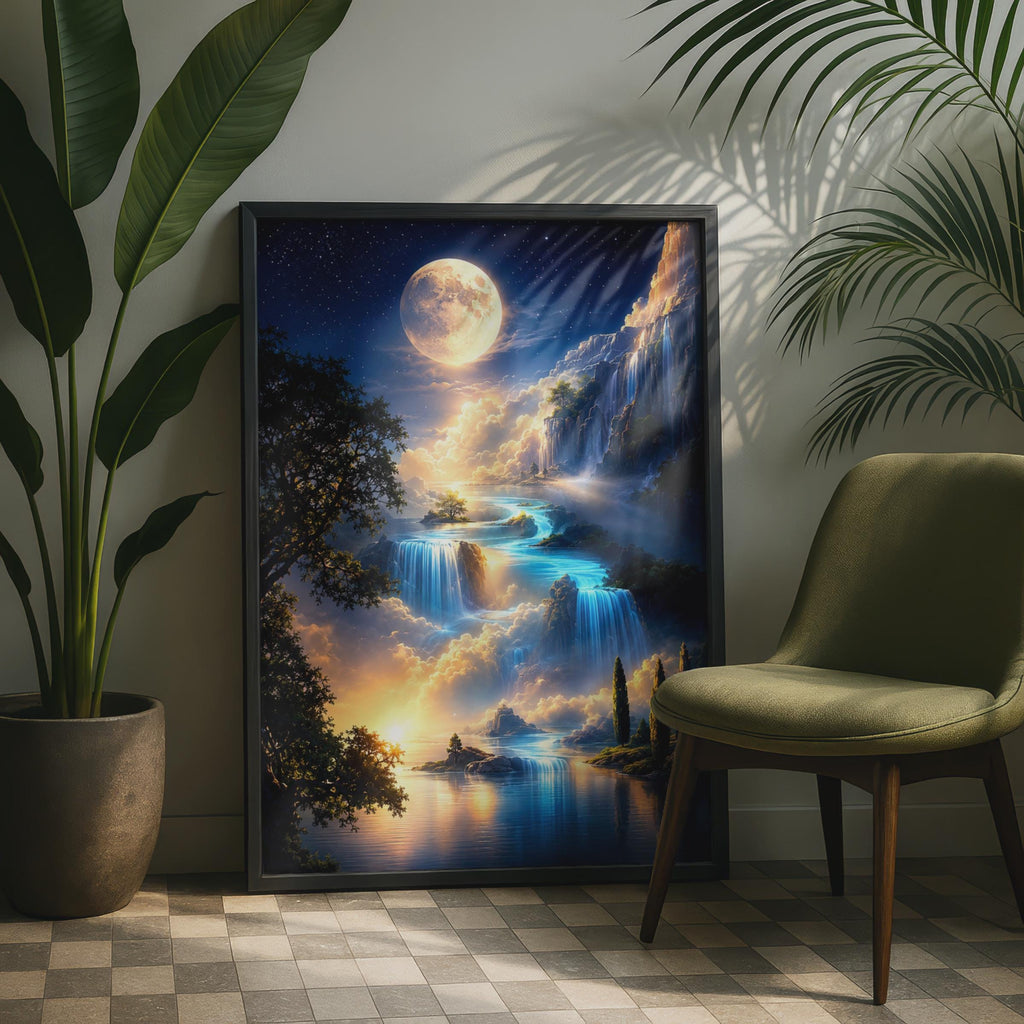 Fantasy Waterfall Landscape Poster, Dreamy Night Sky Wall Art, Mystical River Print