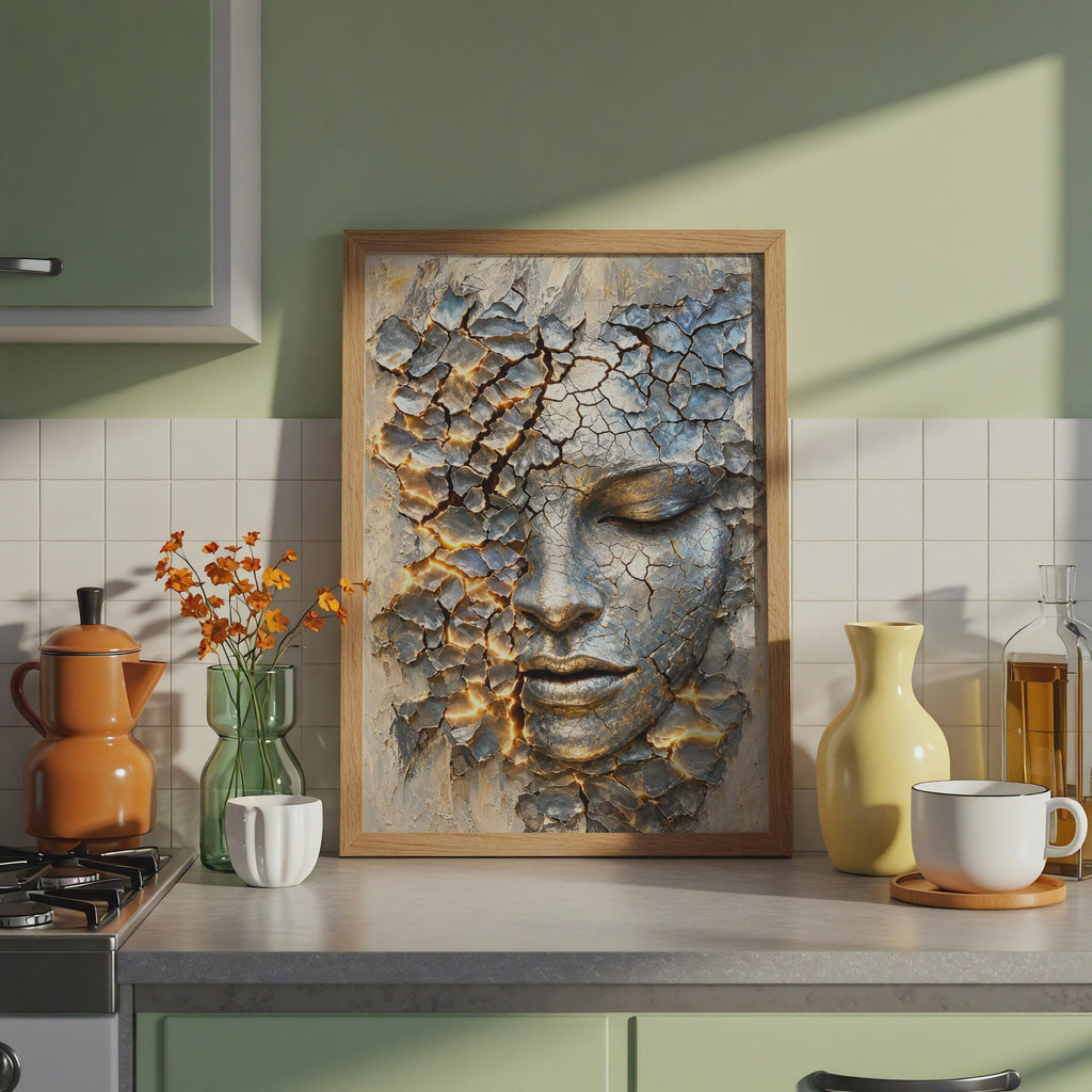 Cracked Golden Face Art Print, Surreal Stone Sculpture Wall Decor